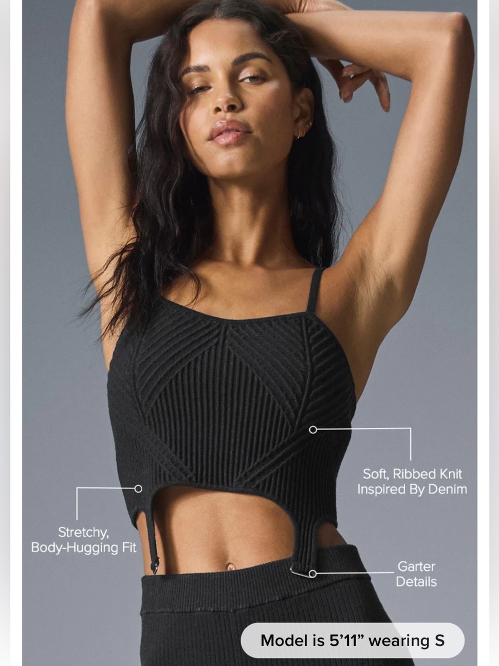 ALO Yoga Denim Knit Garter Tank Black Anthracite Ribbed Cutout Crop Tank Small